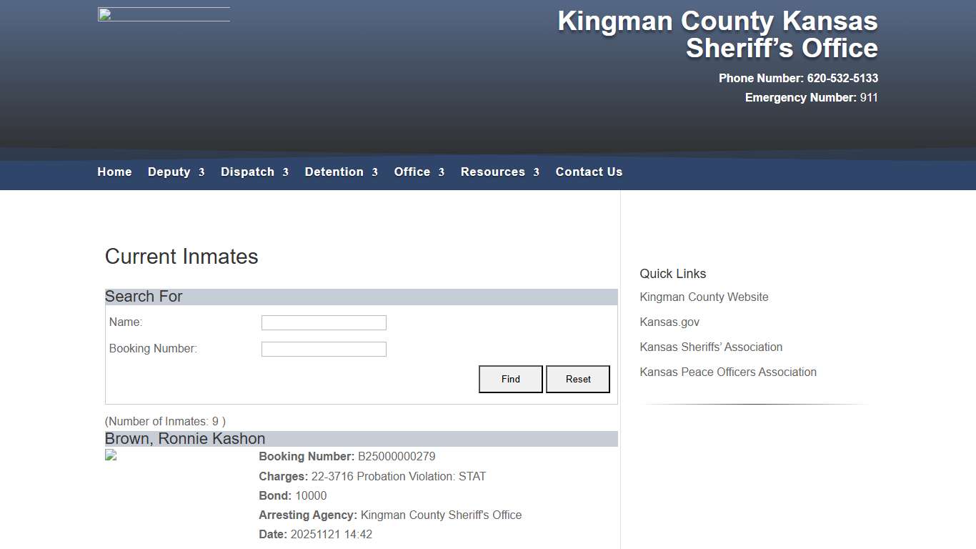 Current Inmates | Kingman County Kansas Sheriff's Office